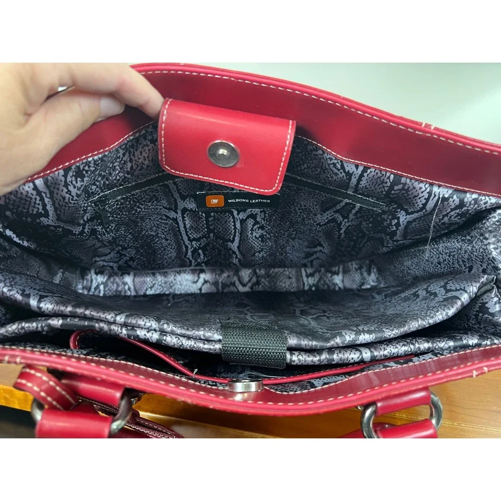 Wilsons Leather Red Laptop Tote Bag Women Work Briefcase Snakeskin Lining Large